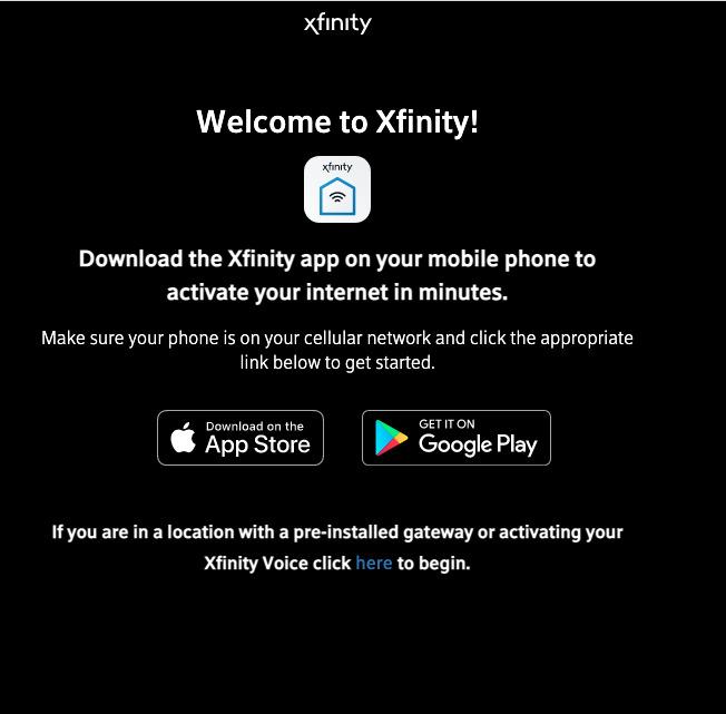 Xfinity Activation welcome page