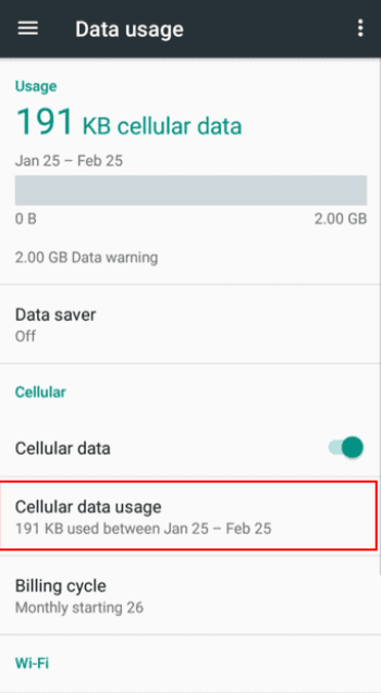 Click on Mobile or Cellular Data Usage