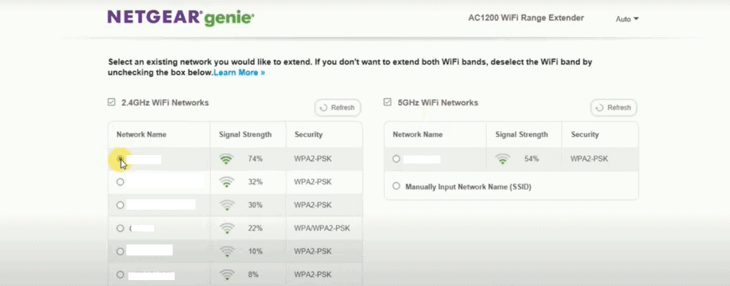 Choose both wireless networks at the same time if your extender is dual-band