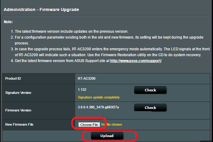 Firmware update by uploading it