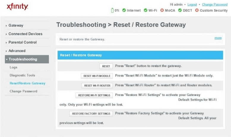 Scroll down to the troubleshooting tab and click Restore:Reset gateway