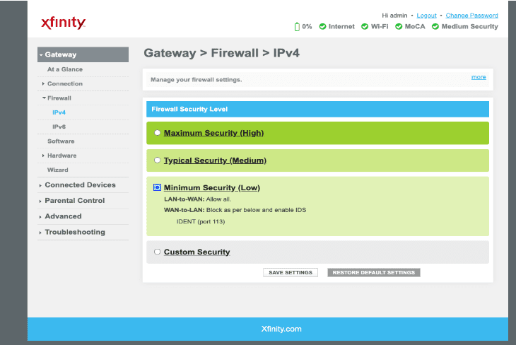 Xfinity webpage and ensure no changes are made in the firewall or antivirus software settings