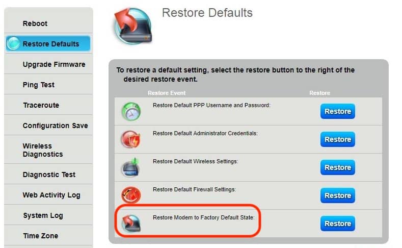 Click on Restore Modem to Factory Default State