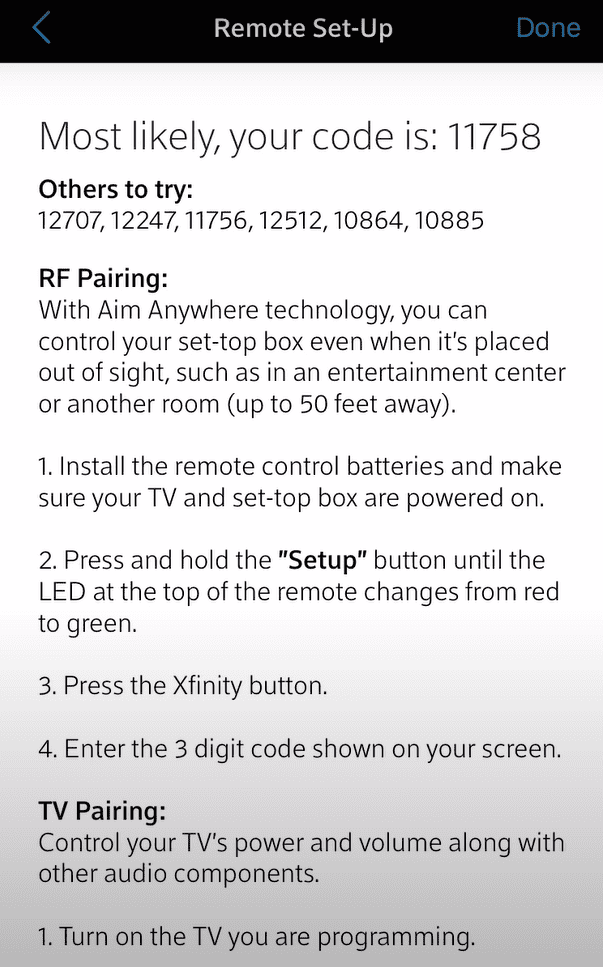 This will take you to the instruction page based on the remote you have chosen