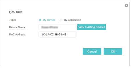 Add the QoS rule by selecting the device or application