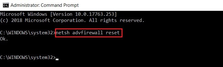 Command netsh advfirewall reset