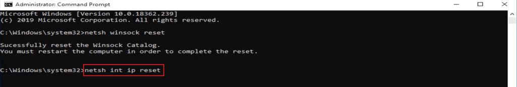 Command netsh int ip reset