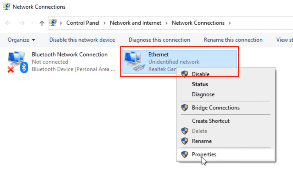 Right-click on Ethernet